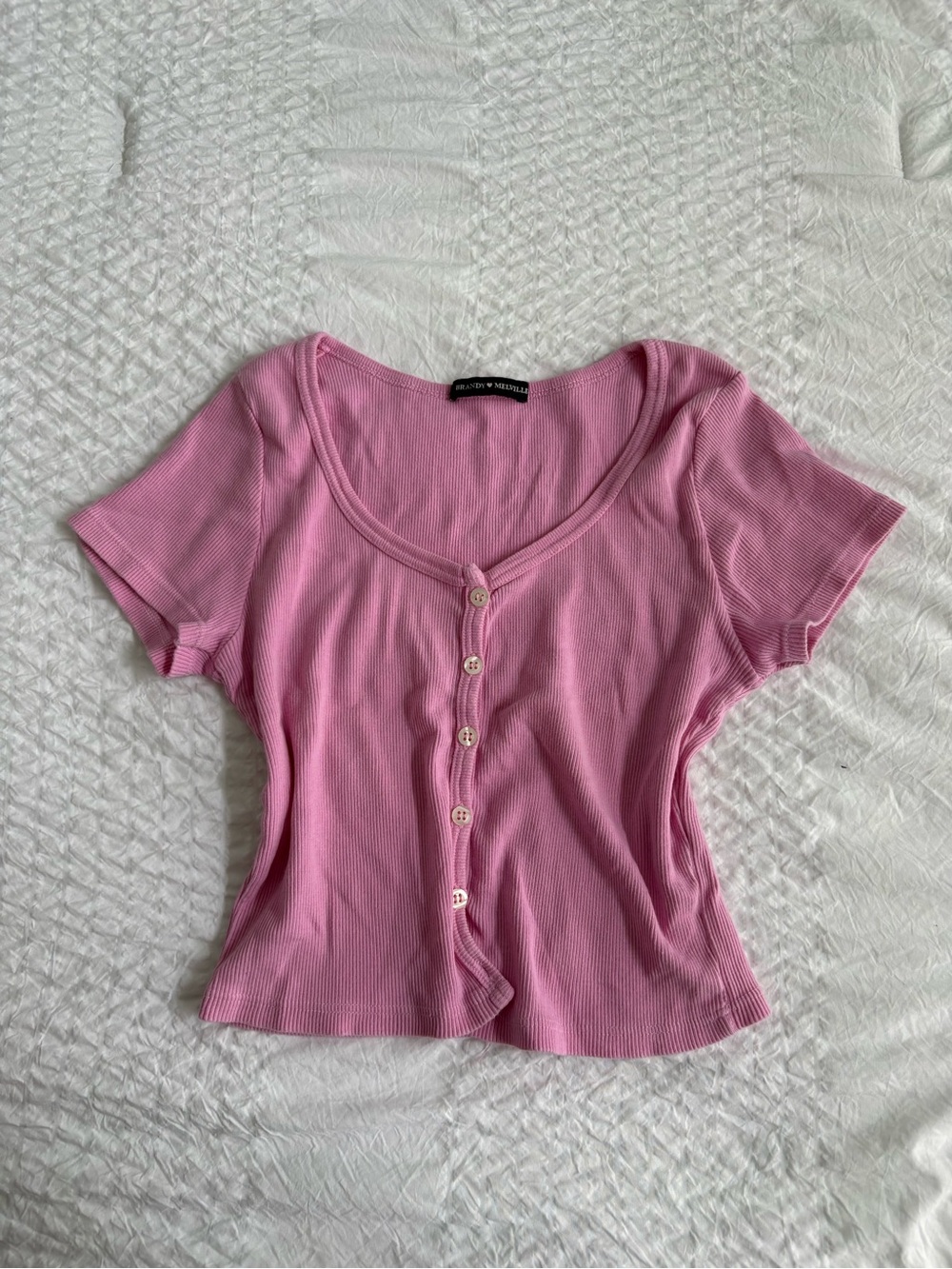 Brandy Melville Pink Ribbed/Cotton Button-Up Cropped Top